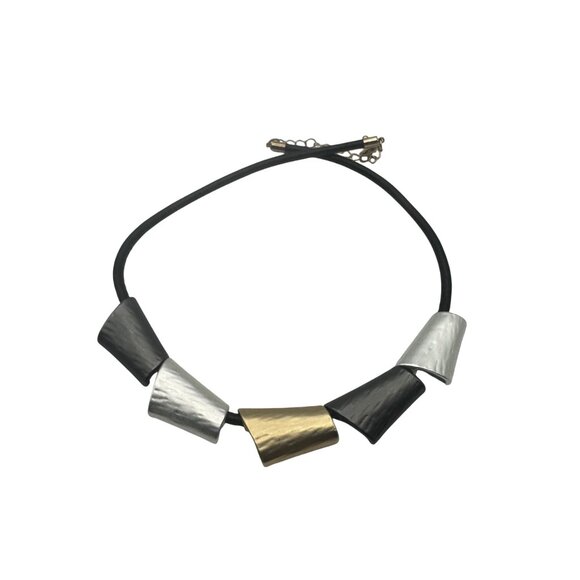 Chunky Black Gold Silver Necklace Adjustable Modern Design Leather Cord - Picture 1 of 4